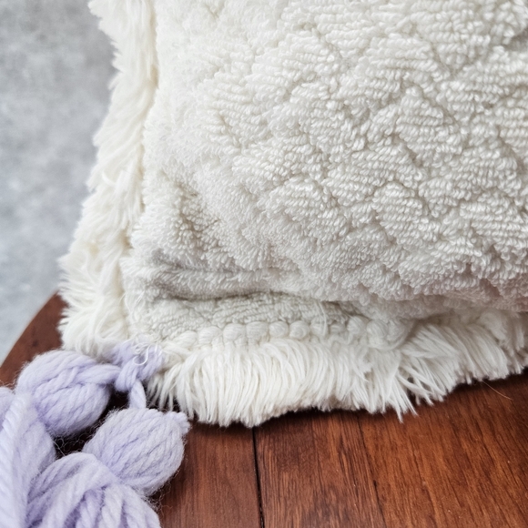 Terry Cloth Cotton Tasseled Cream Lavender throw‎ pillow 10x10" Boho - Picture 4 of 6